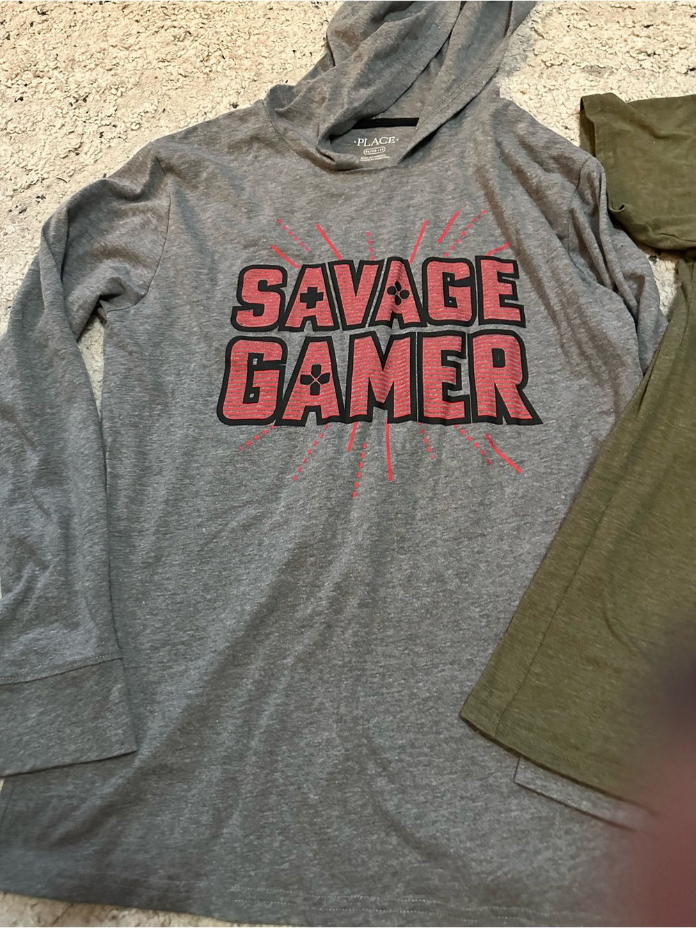 Savage Gamer Gray Hoodie & Olive Graphic Tee - video gaming boys tops XL - Picture 2 of 3